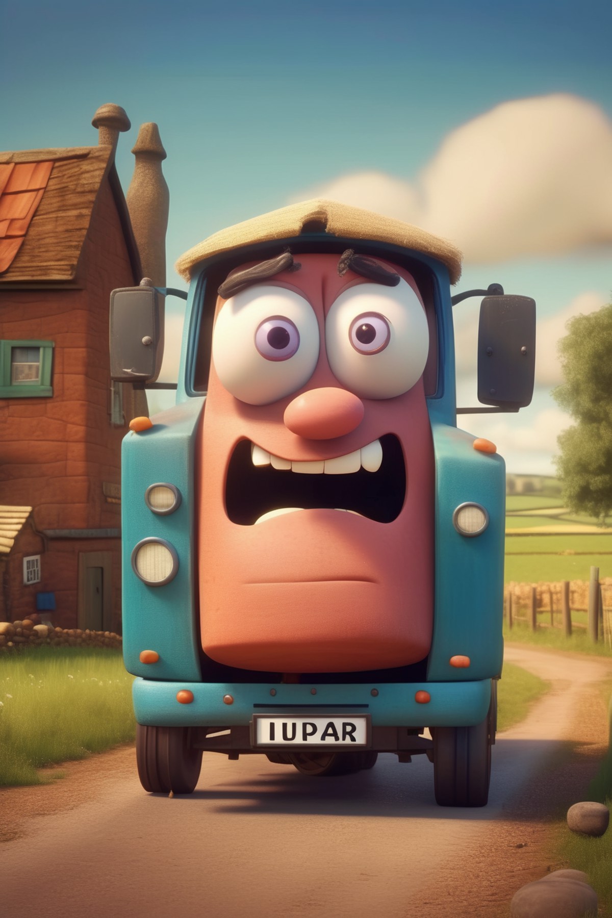 <lora:Aardman Animations Style:1>Aardman Animations Style - a farm lorry with a face in the pixar style. he should look a ...